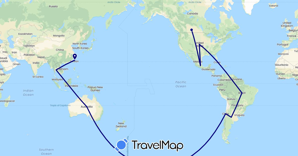 TravelMap itinerary: driving in Argentina, Australia, Brazil, Chile, Mexico, Thailand, Taiwan, United States (Asia, North America, Oceania, South America)